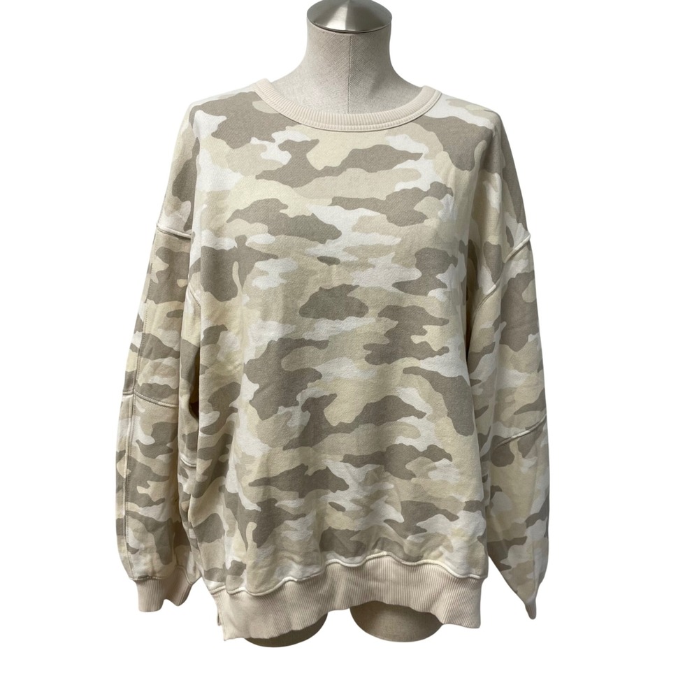 Aerie Camo Crewneck Sweatshirt Women S Beige Oversized Fleece Pullover